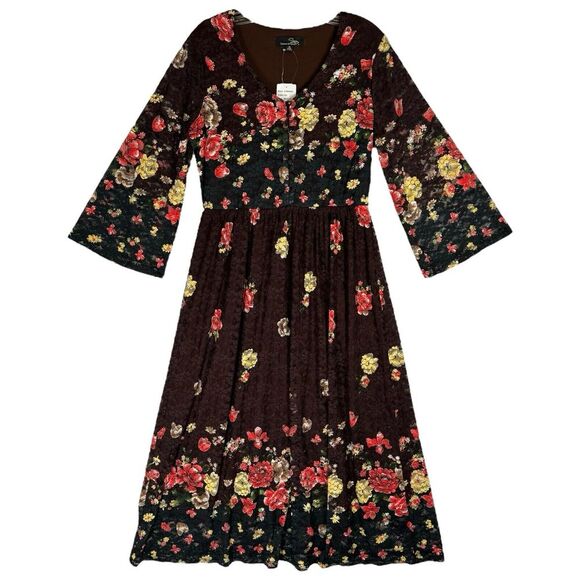 Boho Lace Floral Midi Dress Size M Brown Flare Sleeve Maxi Cottagecore Fairy